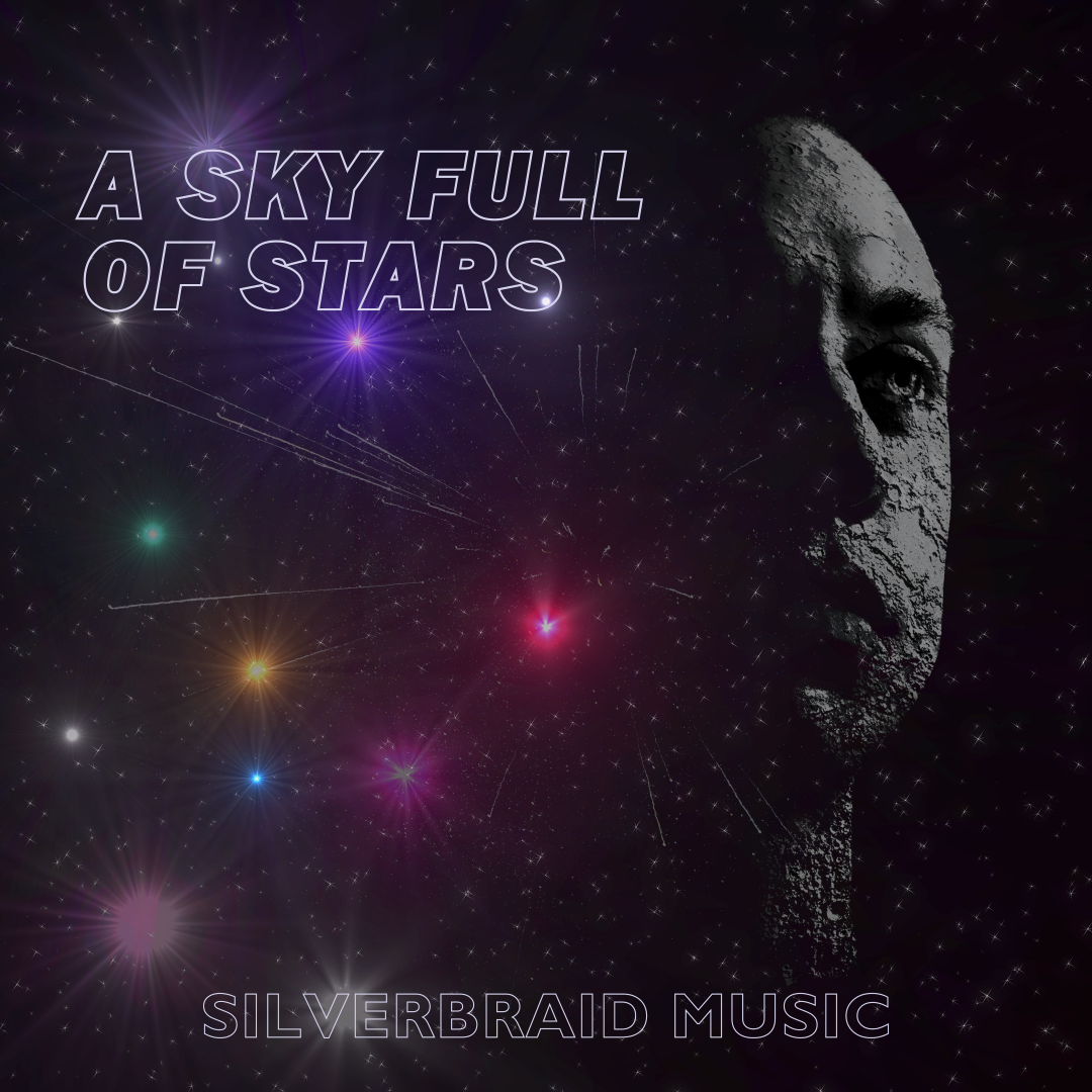 Title of song and artist's name set upon an imaginary space and a star field scene with coloured supernovae effects featuring artist's face with moon texture.